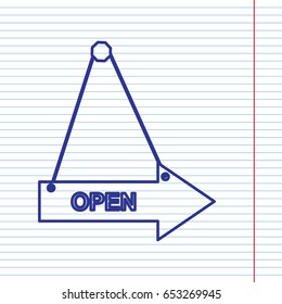 Open sign illustration. Vector. Navy line icon on notebook paper as background with red line for field.