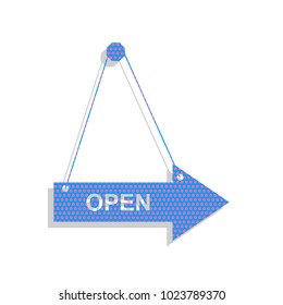 Open sign illustration. Vector. Neon blue icon with cyclamen polka dots pattern with light gray shadow on white background. Isolated.
