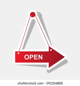 Open sign illustration. Vector. New year reddish icon with outside stroke and gray shadow on light gray background.