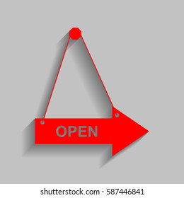 Open sign illustration. Vector. Red icon with soft shadow on gray background.