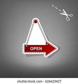 Open sign illustration. Vector. Red icon with for applique from paper with shadow on gray background with scissors.
