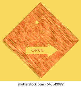 Open sign illustration. Vector. Red scribble icon obtained as a result of subtraction rhomb and path. Royal yellow background.