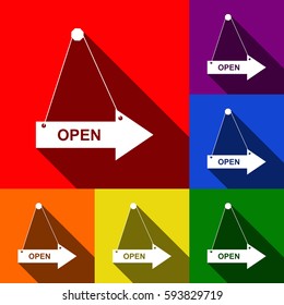 Open sign illustration. Vector. Set of icons with flat shadows at red, orange, yellow, green, blue and violet background.
