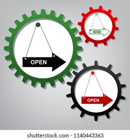 Open sign illustration. Vector. Three connected gears with icons at grayish background.