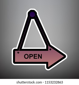 Open sign illustration. Vector. Violet gradient icon with black and white linear edges at gray background.