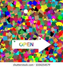 Open sign illustration. Vector. White icon on colorful background with seamless pattern from squares.