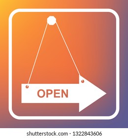 Open sign illustration. Vector. White icon on transparent button at orange-violet gradient background.