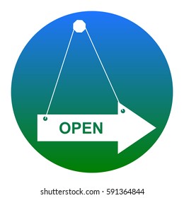 Open sign illustration. Vector. White icon in bluish circle on white background. Isolated.