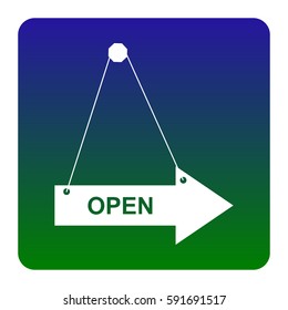 Open sign illustration. Vector. White icon at green-blue gradient square with rounded corners on white background. Isolated.