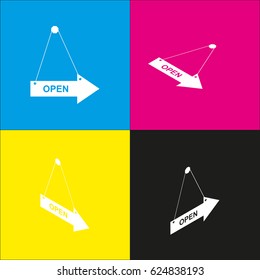 Open sign illustration. Vector. White icon with isometric projections on cyan, magenta, yellow and black backgrounds.