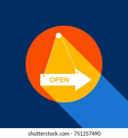 Open sign illustration. Vector. White icon on tangelo circle with infinite shadow of light at cool black background. Selective yellow and bright navy blue are produced.