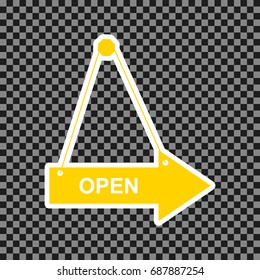 Open sign illustration. Vector. Yellow icon with white contour on dark transparent background.