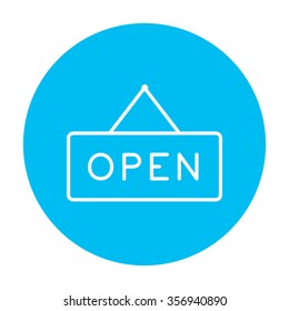 Open sign line icon for web, mobile and infographics. Vector white icon on the light blue circle isolated on white background.