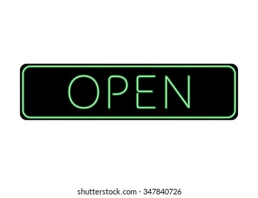 Open Sign Neon. Bright Print With Allowing Symbol For Store, Shop, Cafe, Hotel, Business, Etc. Illuminated Rectangular Icon. Entrance Color Signboard Isolated On White Background. Vector Illustration