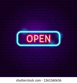 Open Sign Neon Label. Vector Illustration of Street Promotion.