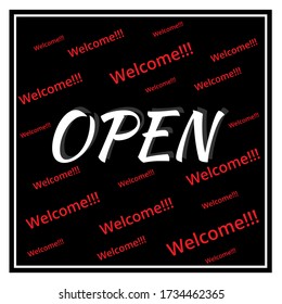 OPEN sign on a black background with inscriptions