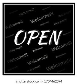 OPEN sign on a black background with inscriptions