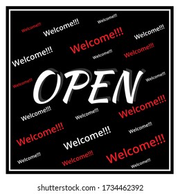 OPEN-Zeichen auf schwarzem Hintergrund mit Aufschriften