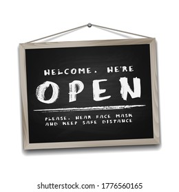 Open sign on black chalkboard in wooden frame. Information sign for front the door about working again. Keep social distance and wear face mask. Vector illustration isolated on white.