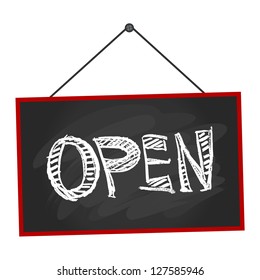 open sign on a blackboard