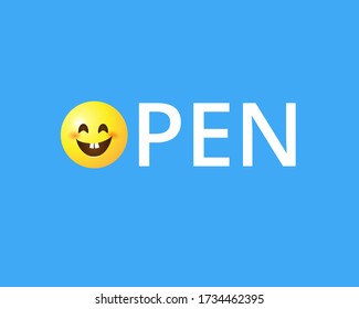 Open sign on blue background with smiley