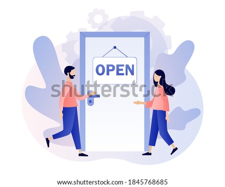 Open - sign on the door and tiny people go to it. We are working again. Reopening establishments,  cafe, shop, store, salon. Modern flat cartoon style. Vector illustration on white background