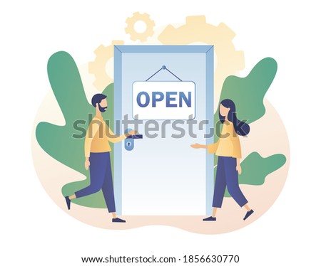 Open - sign on the door and tiny people go to it. Reopening establishments,  cafe, shop, store, salon. We are working again. Modern flat cartoon style. Vector illustration on white background