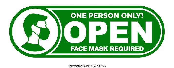 Open Sign On Entrance Door Plate. Green Sticker On Transparent Background. Entry For One Person Only. Face Mask Required. Illustration, Vector