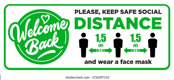 Open sign on the front door - welcome back! We are working again. Keep social distance and use face mask. Vector