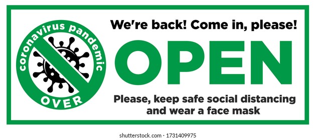 Open sign on the front door come in, we’re opening again! Keep social distancing and wear face mask. Vector