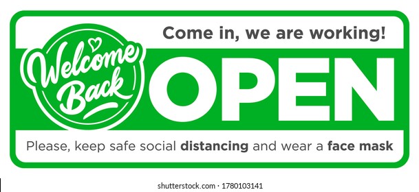 Open sign on the front door come in, we’re work again! Keep social distancing and wear face mask. Vector