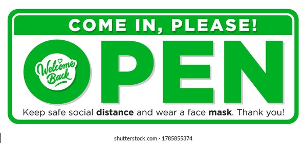 Abierto el letrero de la puerta de entrada, vamos a trabajar de nuevo! Mantener el distanciamiento social y usar máscara facial. Vector
