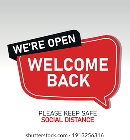 Open sign on the front door - welcome back We are working again. Keep social distance. Vector Eps 10