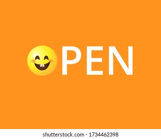 Open sign on orange background with smiley