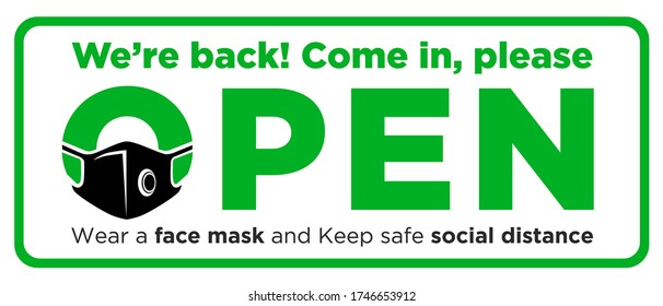 Open Sign Plate On Facade Door Of Store, Cafe, Office. We Are Back, Come In Please. Were Face Mask And Keep Social Distance. Reopening After Quarantine Of Coronavirus COVID-19. Illustration, Vector