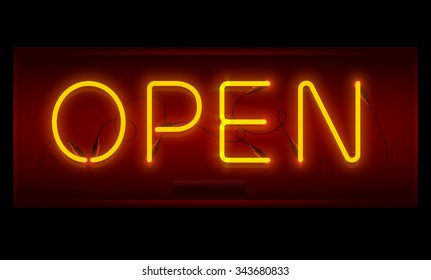 Open sign. Realistic neon inscription. Glowing font. Vector illustration.