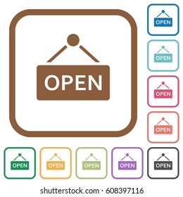 Open sign simple icons in color rounded square frames on white background