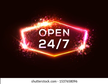 Open sign store 24 hours 7 days a week. Retro night club or bar neon sign. Light glowing letters in electric hexagon frame on dark red background. Pink red color border. 80s style vector illustration