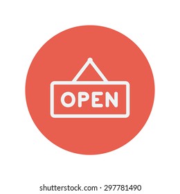 Icono de línea delgada de signo abierto para diseño plano minimalista web y móvil. Icono blanco vector dentro del círculo rojo.