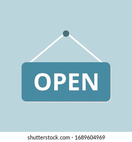 Open sign vector. Hanging open sign flat illustration. Text label.