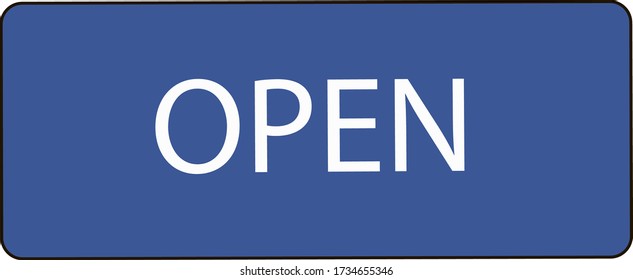 Open sign vector icon on blue background. Graphic welcome icon hanging on shop door. Signboard for office, cafe, retail market. Information label.