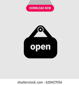 Open Sign Vector Icon, The symbol of word open on the signboard. Simple, modern flat vector illustration for mobile app, website or desktop app 