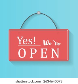 Open sign with vintage label shop door banner store welcome icon board hanging concept business tag marketing retro element blue background vector