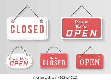 Open sign with vintage label shop door banner store welcome icon board hanging concept business tag marketing retro element blue background vector