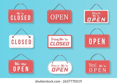 Open sign with vintage label shop door banner store welcome icon board hanging concept business tag marketing retro element blue background vector