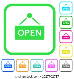 Open sign vivid colored flat icons in curved borders on white background
