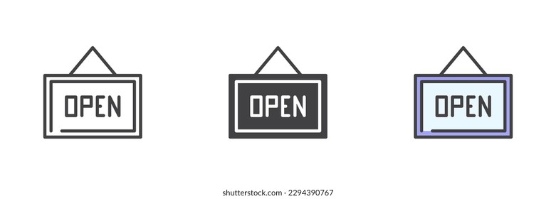 Abrir el conjunto de iconos de estilos diferentes. Línea, glifo y contorno relleno versión colorida, contorno y signo vectorial relleno. Símbolo, ilustración del logotipo. Gráficos vectoriales