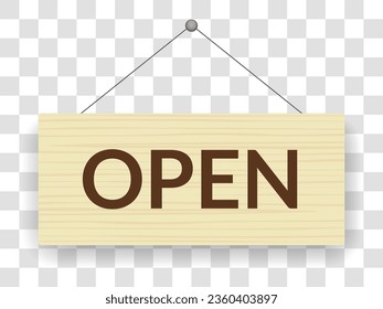 Open signboard icon. Announcement banner, information signage, board. Wooden hanging door sign for cafe, restaurant, bar or retail store. Vector illustration