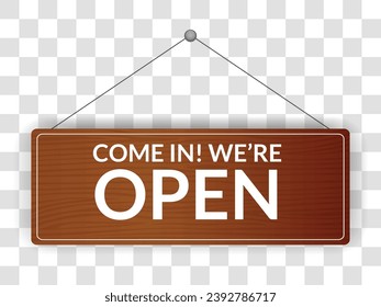 Open signboard icon. Announcement banner, information signage, board. Wooden hanging door sign for cafe, restaurant, bar or retail store. Vector illustration
