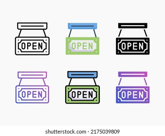 Open Signboard icon set with line, outline, flat, filled, glyph, color, gradient. Editable stroke and pixel perfect. Can be used for digital product, presentation, print design and more.